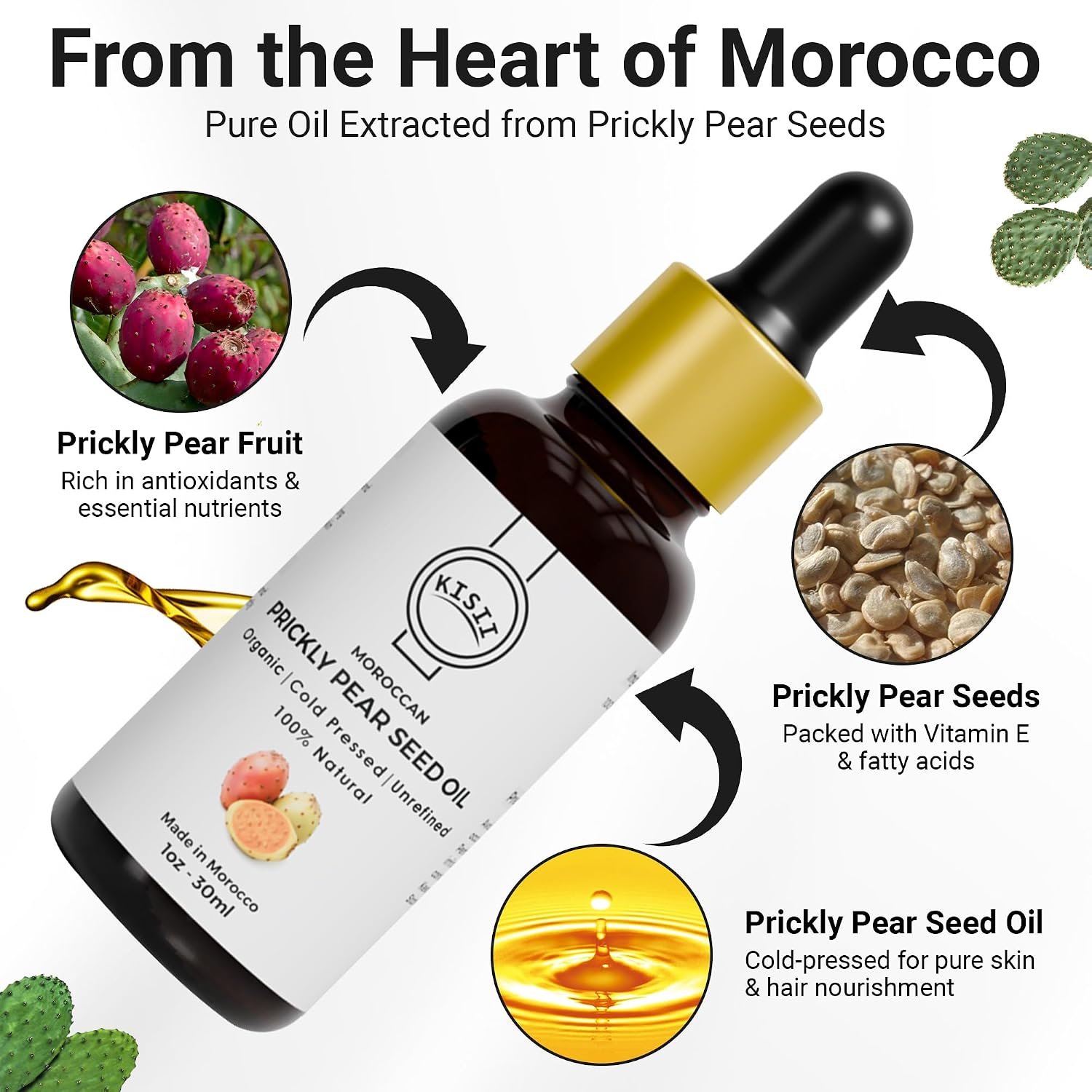 Premium Moroccan Prickly Pear Seed Oil – Cold-Pressed, Organic Oil for Face and Hair Care, Multi-Vitamin Rich, Carefully Sourced from Morocco – 1 fl oz - Image 2