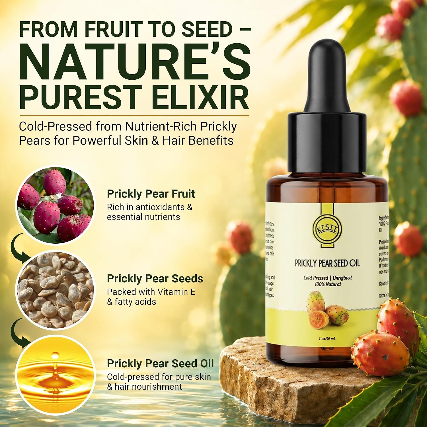 Prickly Pear Seed Oil | 100% Pure and Natural Cold Pressed Oil for Face, Hair and Skin | Anti-Aging Moisturizer | 1 oz Cold Pressed | Pack of 2 - Image 2