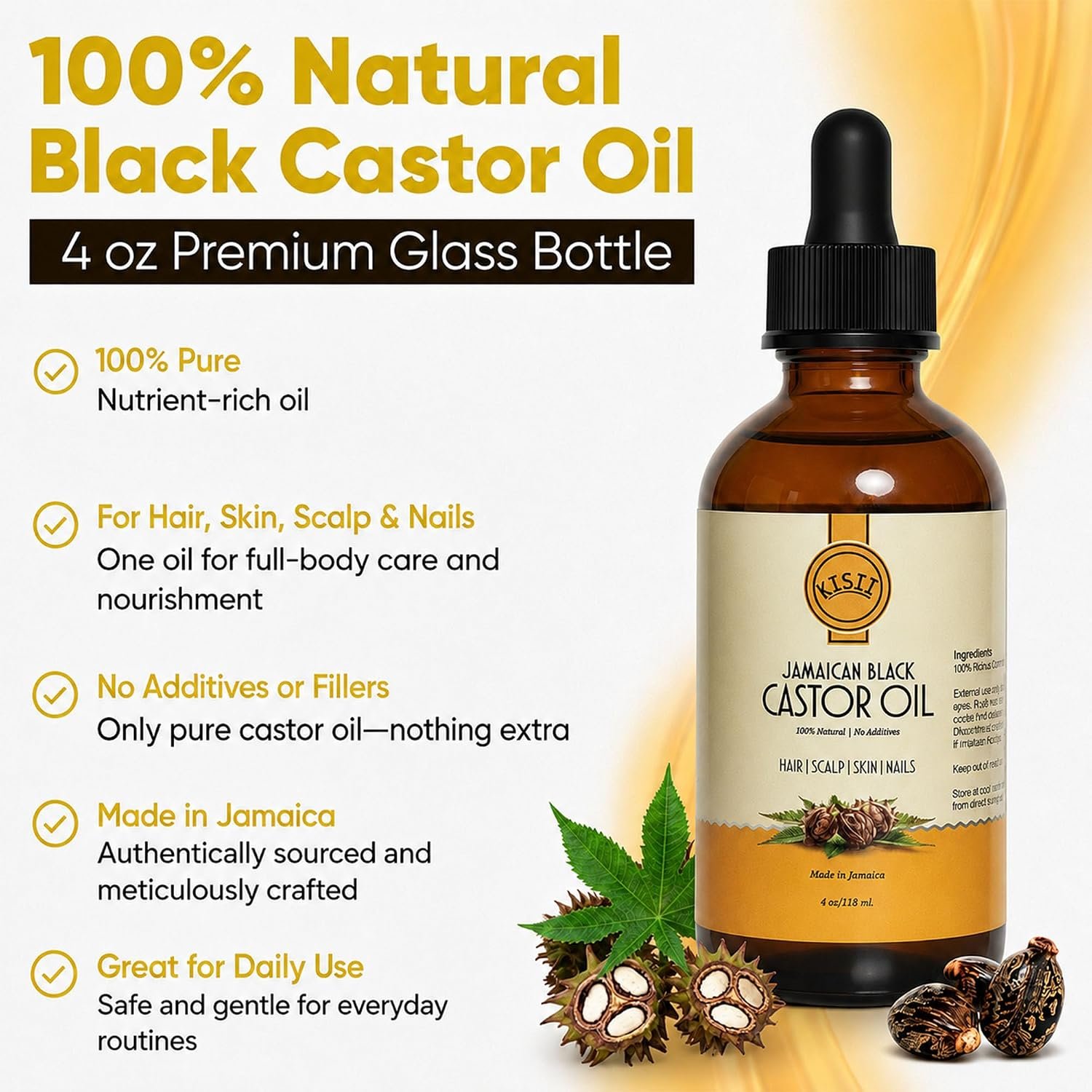 Jamaican Black Castor Oil – 100% Pure Castor Oil for Hair Growth, Scalp Care, Glowing Skin and Nails. Made in Jamaica - 4 oz Glass Bottle - Image 3