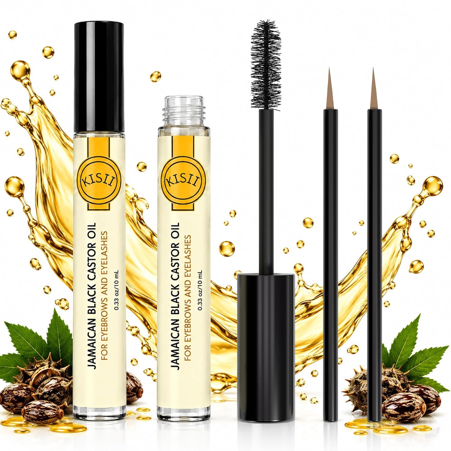 Jamaican Black Castor Oil for Eyebrows & Eyelashes, 2 Pack with Brushes