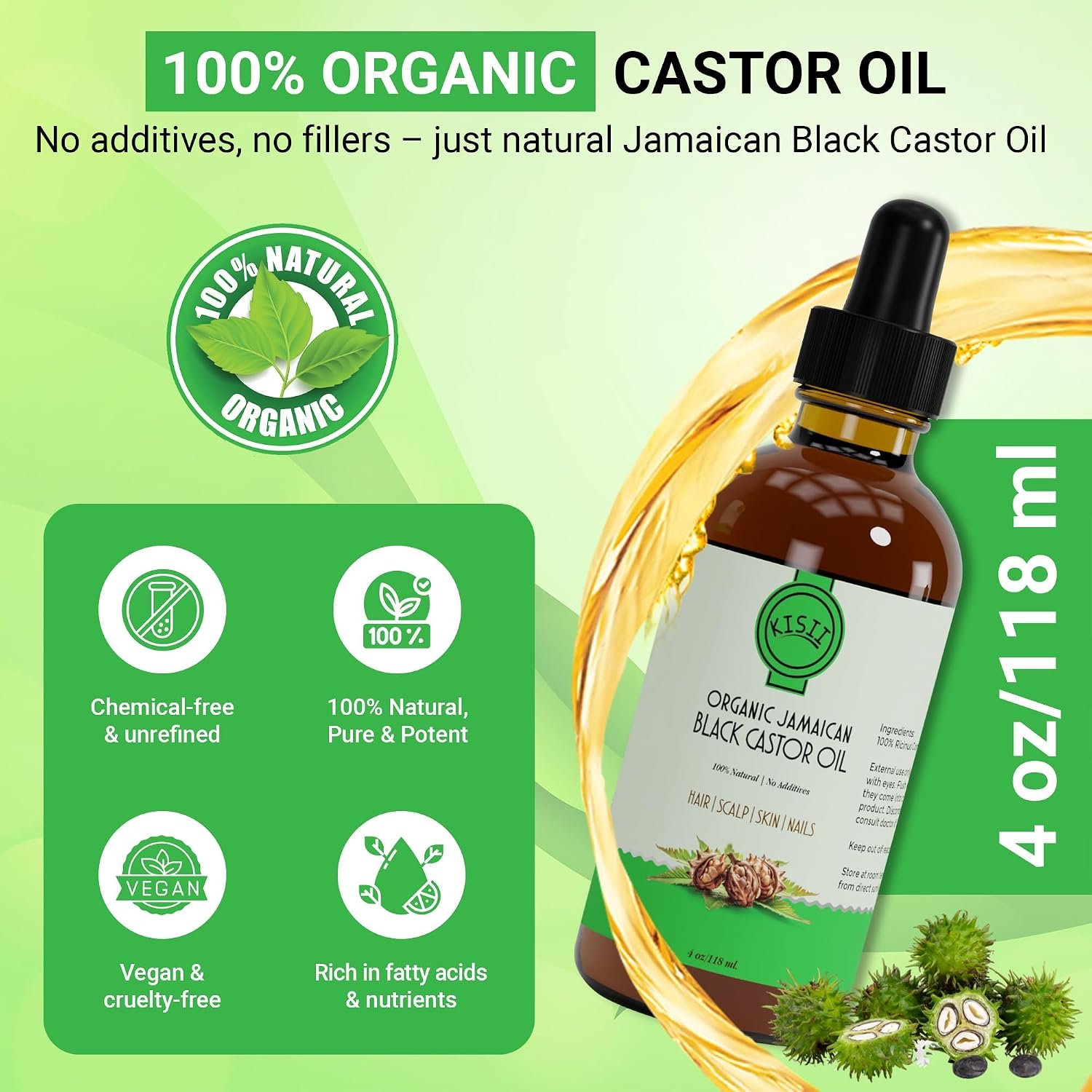 Organic Unrefined Jamaican Black Castor Oil for Hair Growth & Dry Scalp – Pure Hair Oil for Thicker Looking Hair, Scalp Nourishment & Hair Strength, Authentic Smoky Aroma, 4 oz Glass Bottle - Image 2